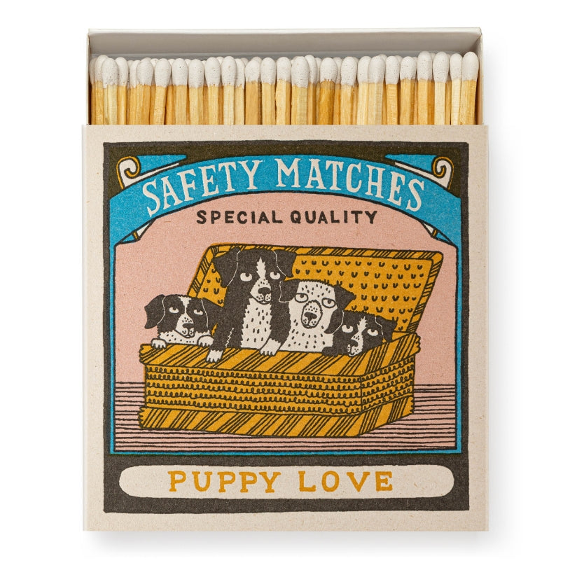 Luxury white matches in a square matchbox featuring the Puppy Love design.