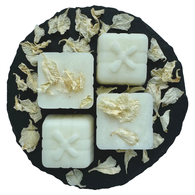 Present-shaped wax melts on a circular slate with white petals