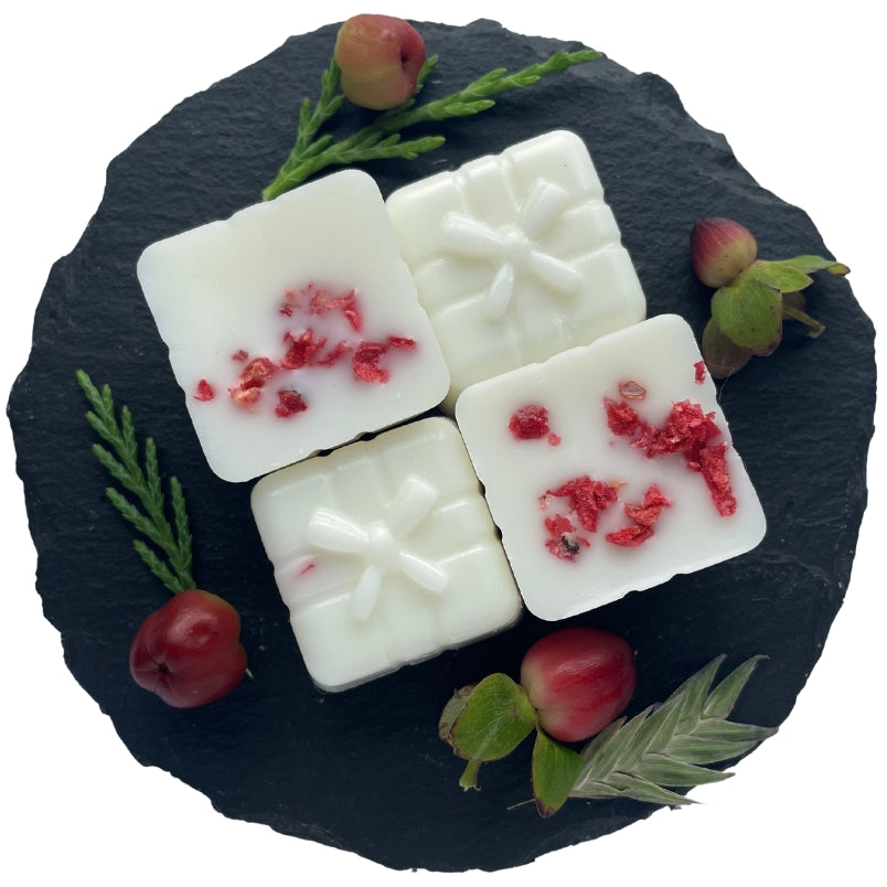 Four cranberry and orange Berry Christmas wax melts on a circular slate with red berries.